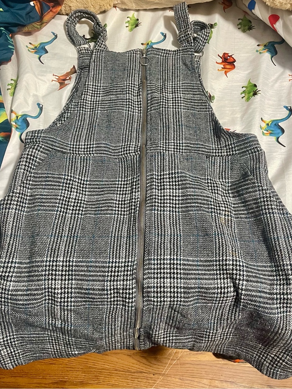 SHEIN Black & White Plaid Zip-Front Overall Dress